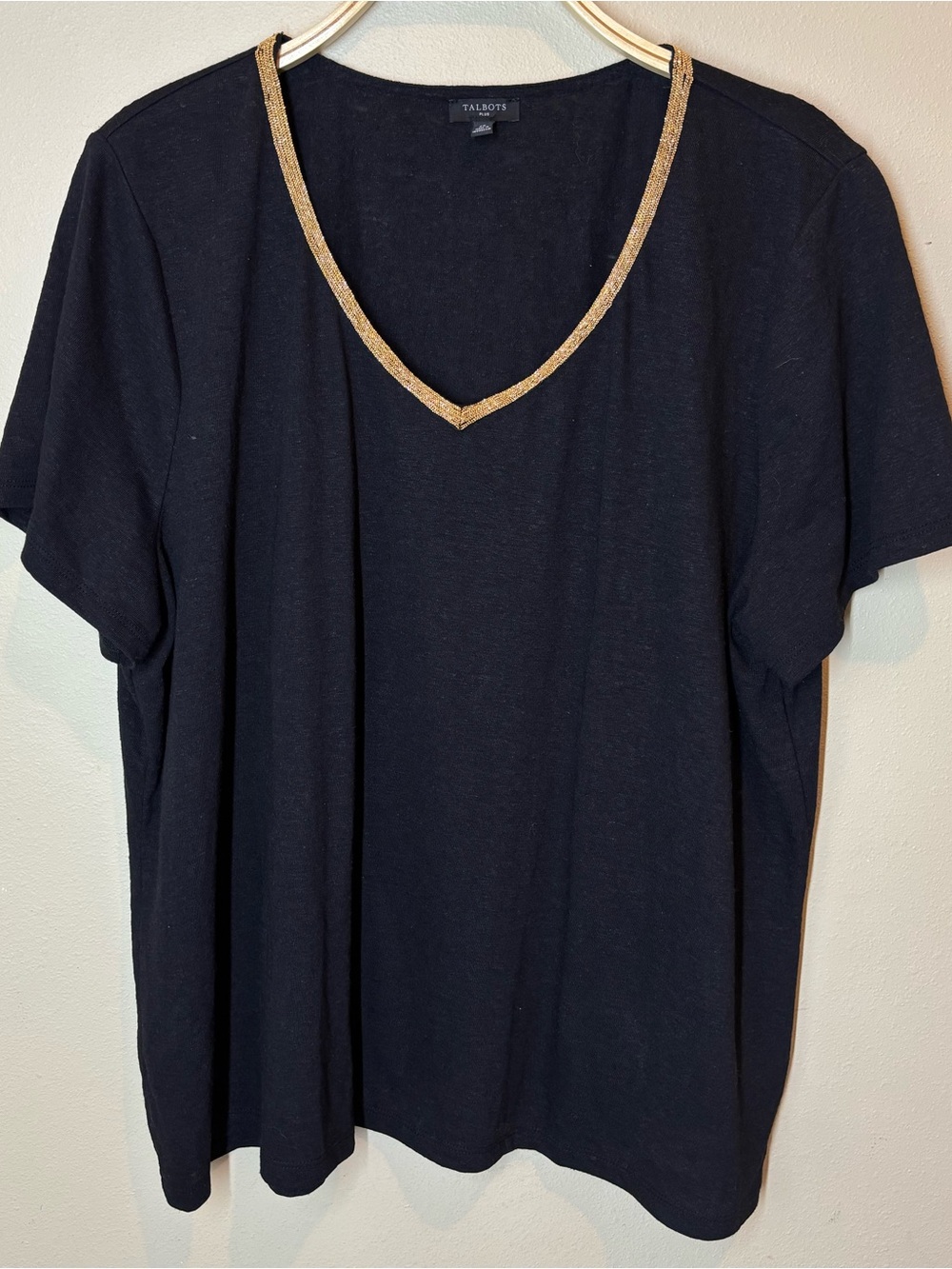 Talbots Plus Black V-Neck Shirt with Gold Trim, 2X, linen blend